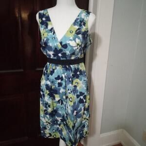 Motherhood Maternity Dress Large Green Blue Tie Back Stretch Maternity Dress